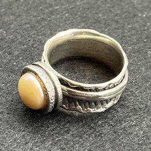 Vintage Sterling Silver Pearl Spinner Ring Size 9 Brutalist Wide Band